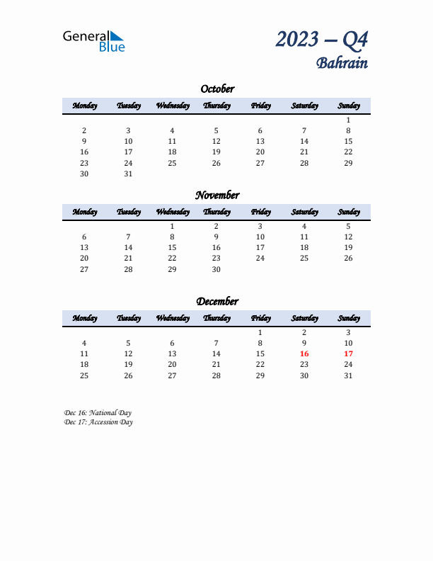 October, November, and December Calendar for Bahrain with Monday Start