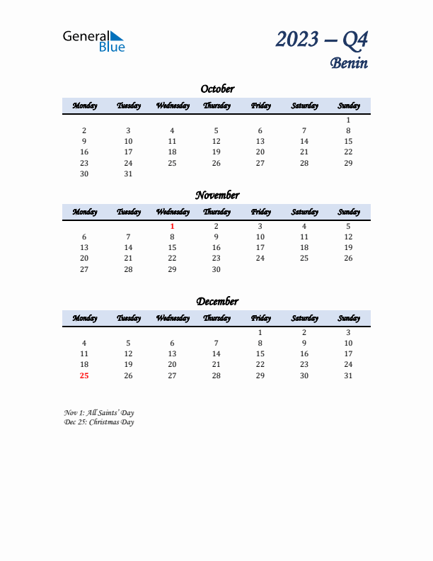 October, November, and December Calendar for Benin with Monday Start