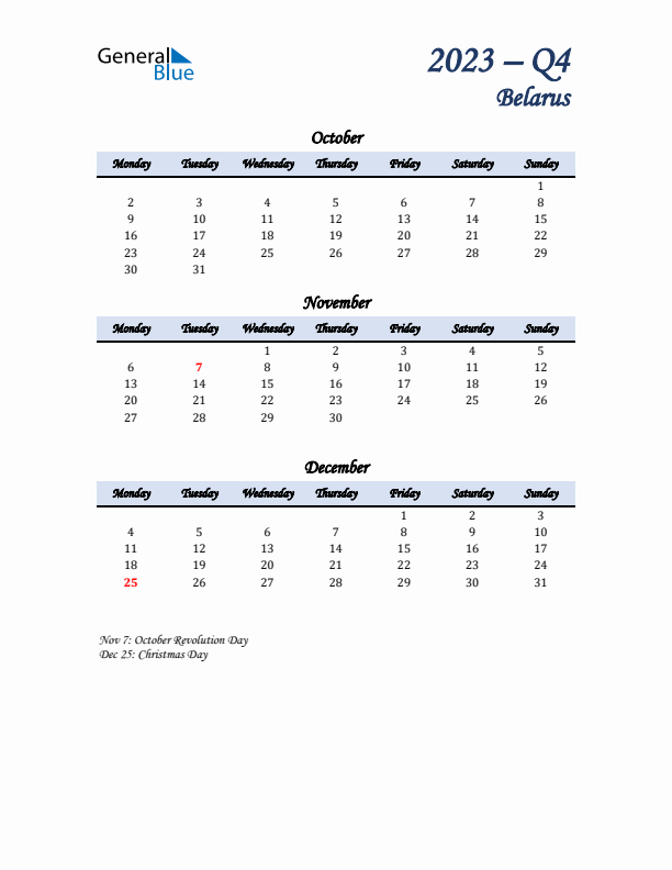 October, November, and December Calendar for Belarus with Monday Start