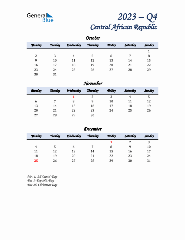 October, November, and December Calendar for Central African Republic with Monday Start