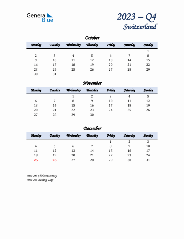 October, November, and December Calendar for Switzerland with Monday Start