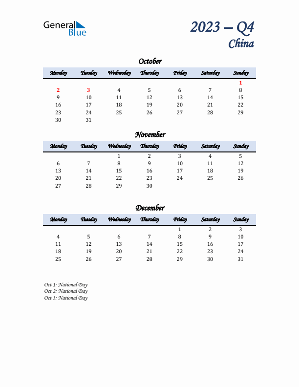 October, November, and December Calendar for China with Monday Start