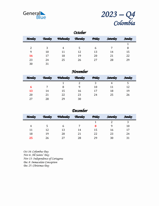 October, November, and December Calendar for Colombia with Monday Start