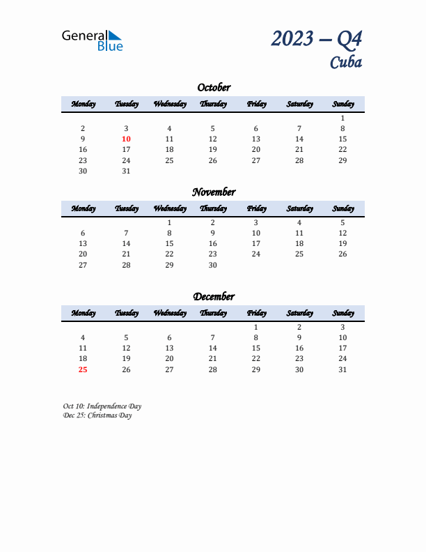 October, November, and December Calendar for Cuba with Monday Start