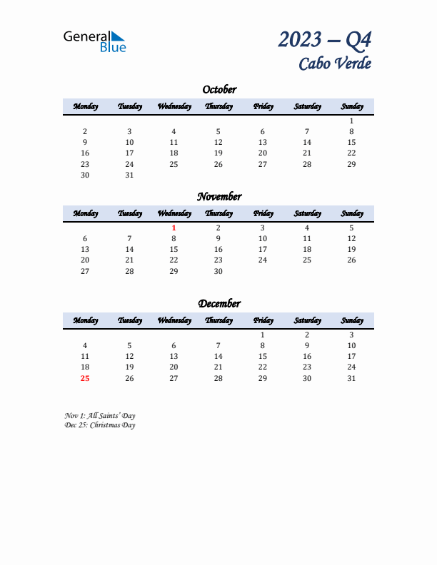 October, November, and December Calendar for Cabo Verde with Monday Start