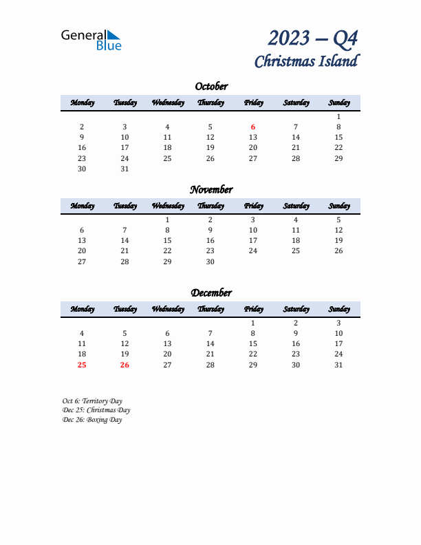 October, November, and December Calendar for Christmas Island with Monday Start