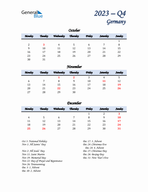 October, November, and December Calendar for Germany with Monday Start