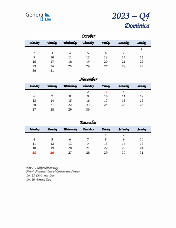 October, November, and December Calendar for Dominica with Monday Start