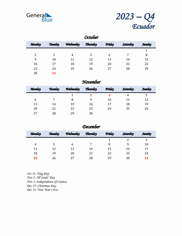 October, November, and December Calendar for Ecuador with Monday Start