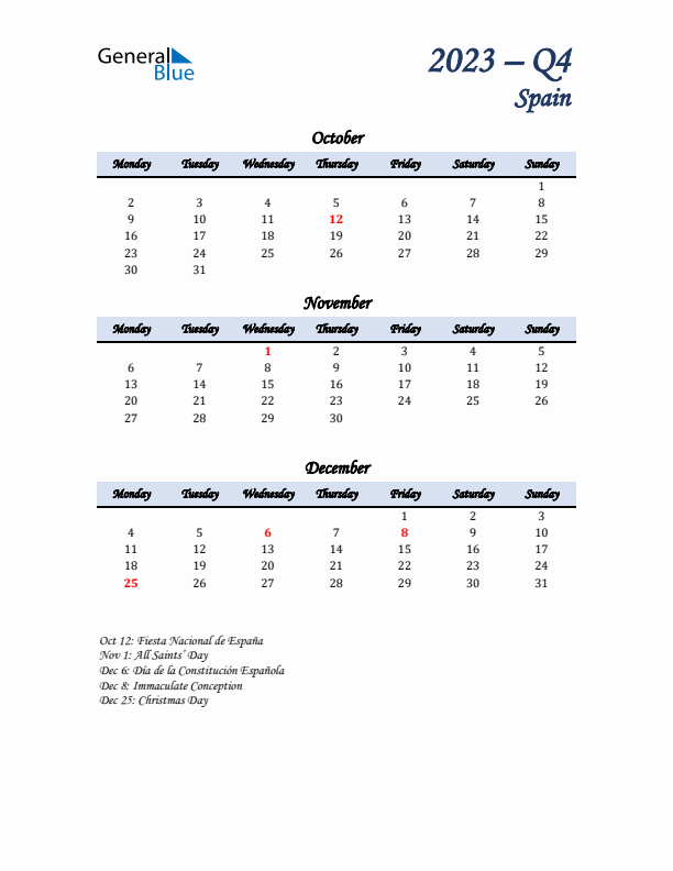 October, November, and December Calendar for Spain with Monday Start