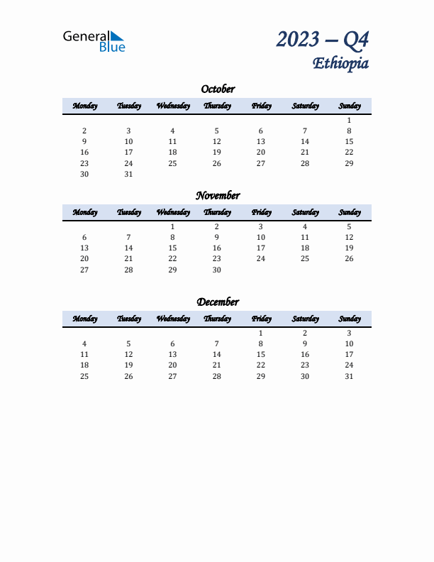 October, November, and December Calendar for Ethiopia with Monday Start