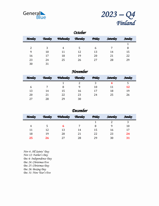 October, November, and December Calendar for Finland with Monday Start