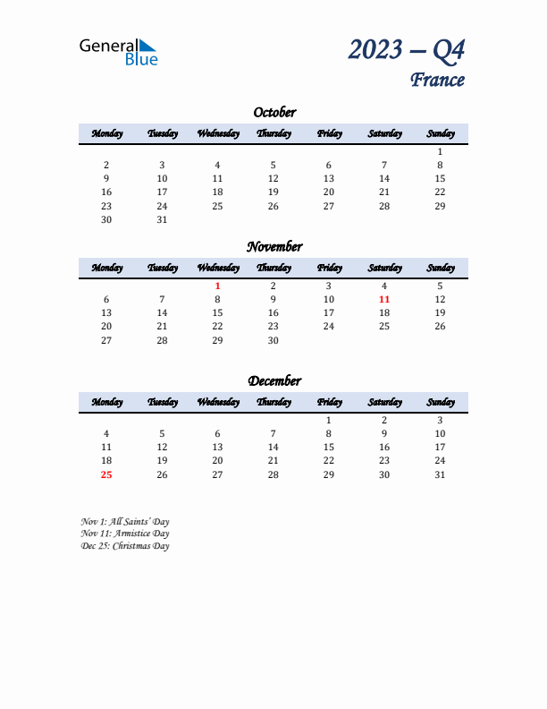 October, November, and December Calendar for France with Monday Start