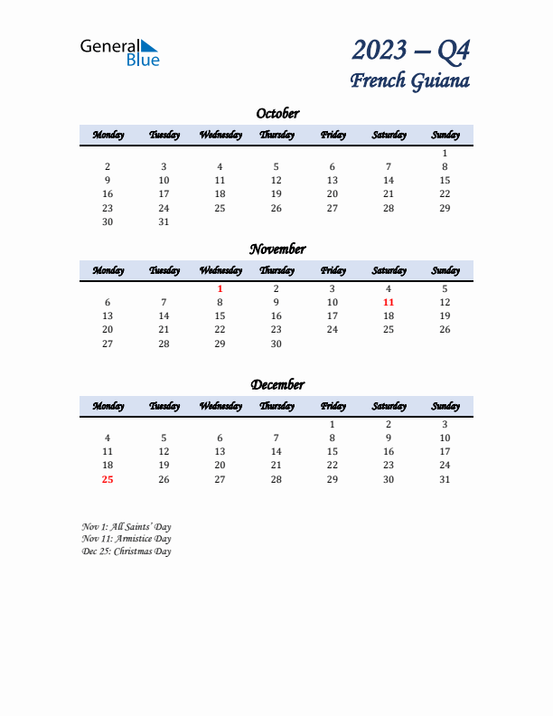 October, November, and December Calendar for French Guiana with Monday Start