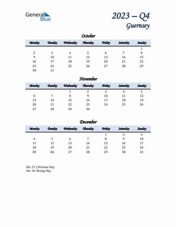 October, November, and December Calendar for Guernsey with Monday Start