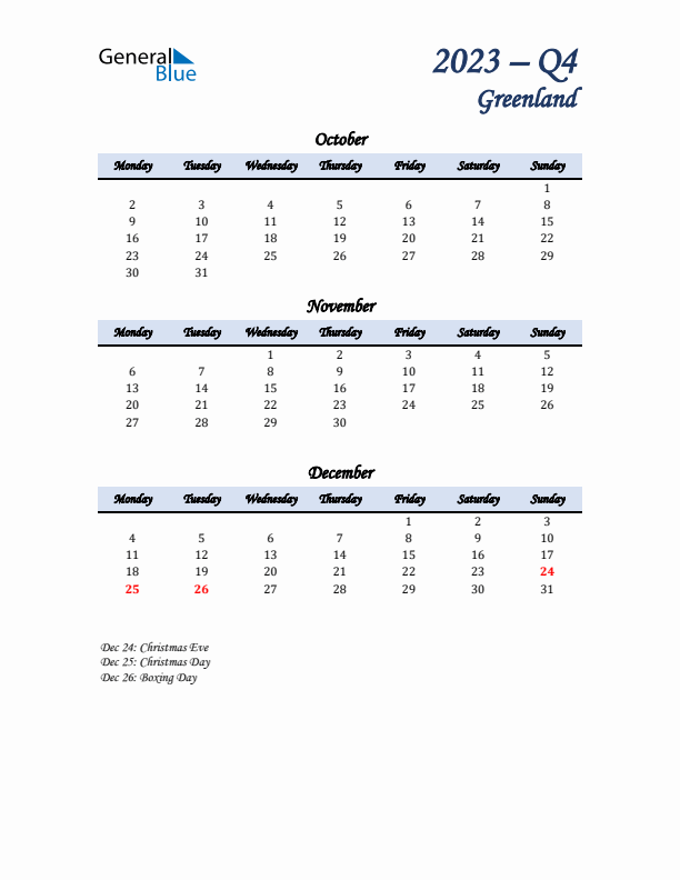 October, November, and December Calendar for Greenland with Monday Start