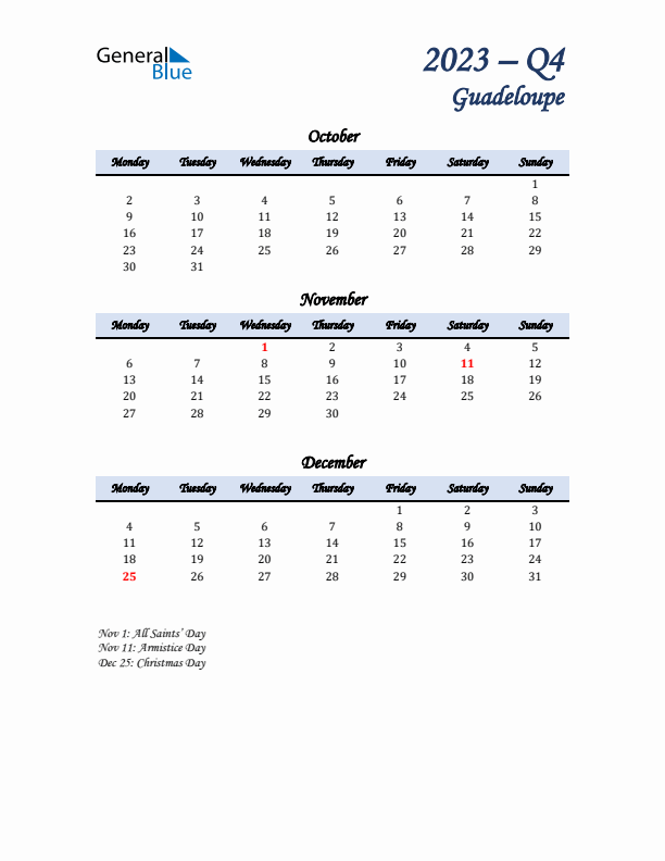 October, November, and December Calendar for Guadeloupe with Monday Start