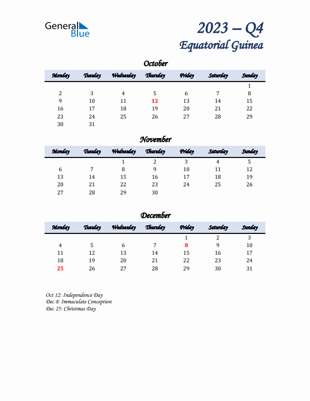 October, November, and December Calendar for Equatorial Guinea with Monday Start