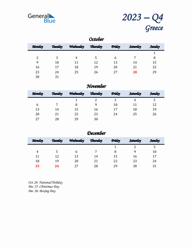 October, November, and December Calendar for Greece with Monday Start