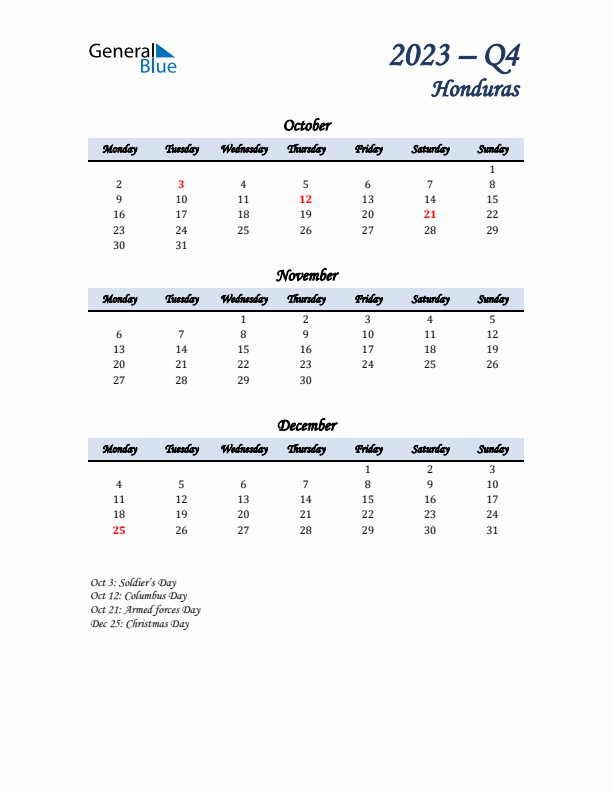 October, November, and December Calendar for Honduras with Monday Start