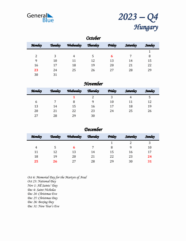 October, November, and December Calendar for Hungary with Monday Start