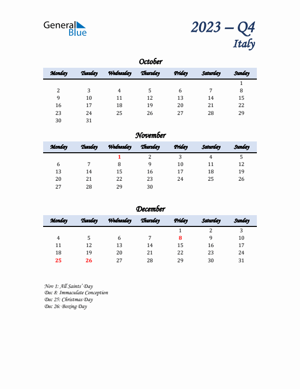 October, November, and December Calendar for Italy with Monday Start