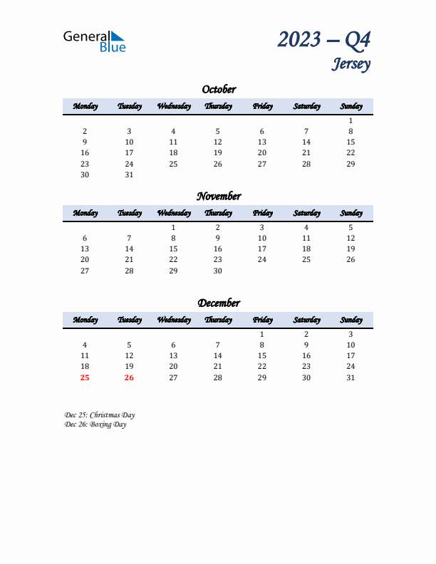 October, November, and December Calendar for Jersey with Monday Start