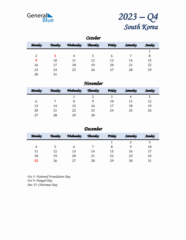 October, November, and December Calendar for South Korea with Monday Start