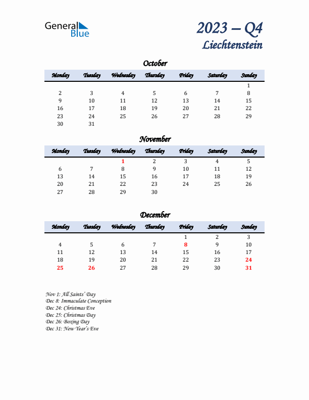 October, November, and December Calendar for Liechtenstein with Monday Start