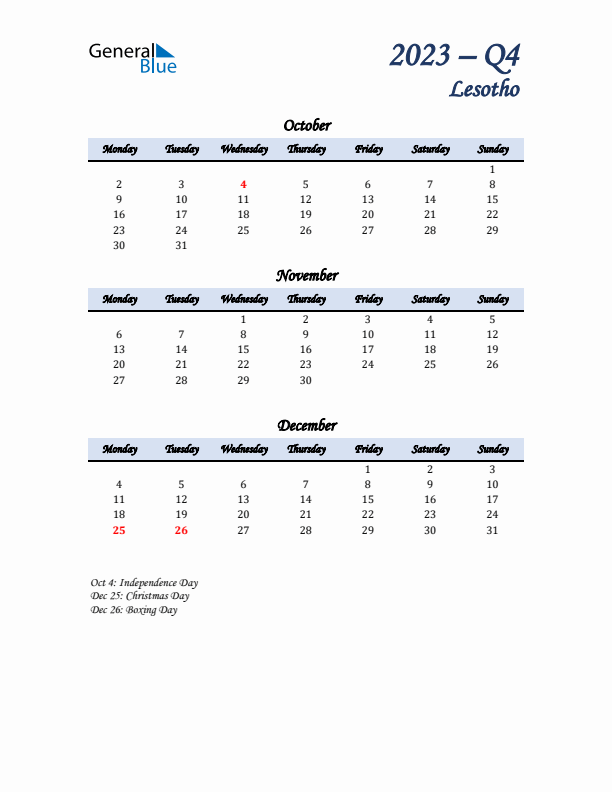 October, November, and December Calendar for Lesotho with Monday Start