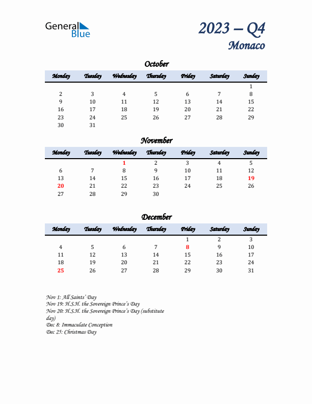 October, November, and December Calendar for Monaco with Monday Start