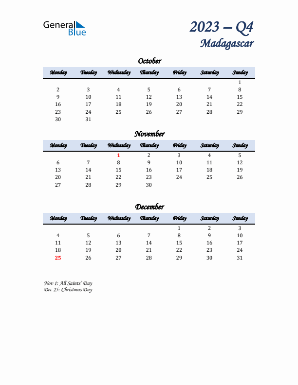 October, November, and December Calendar for Madagascar with Monday Start