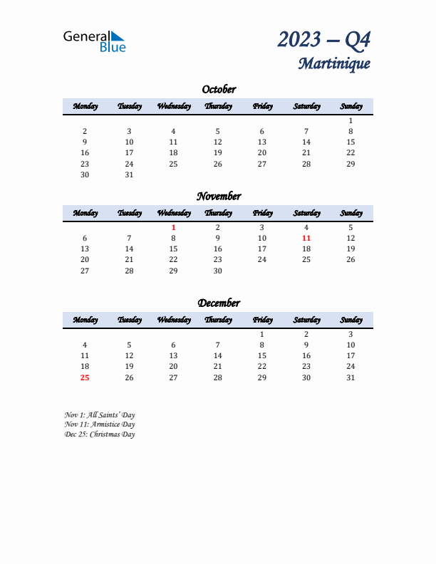 October, November, and December Calendar for Martinique with Monday Start