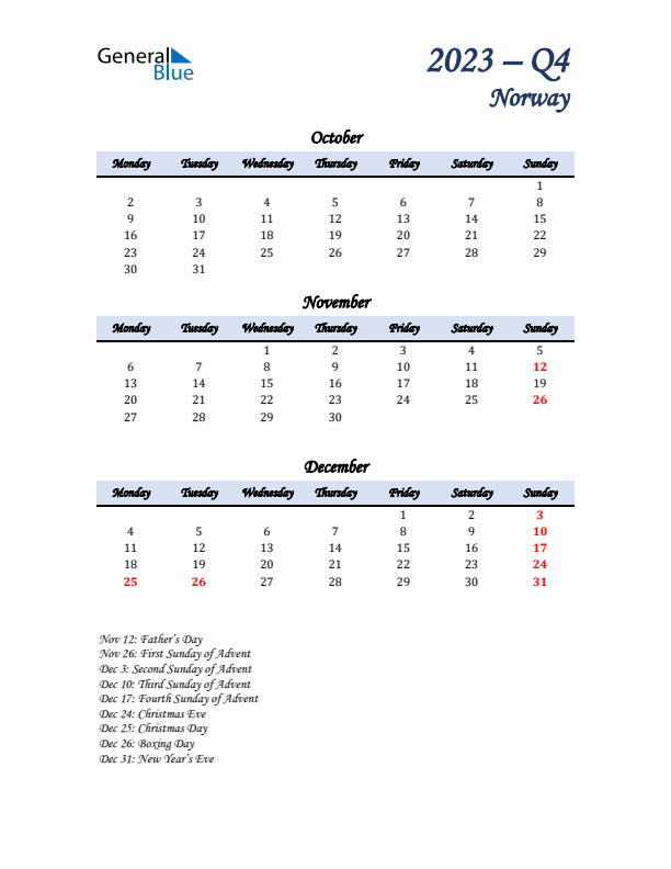 October, November, and December Calendar for Norway with Monday Start