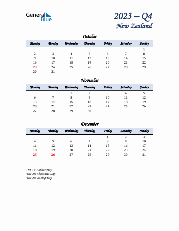 October, November, and December Calendar for New Zealand with Monday Start