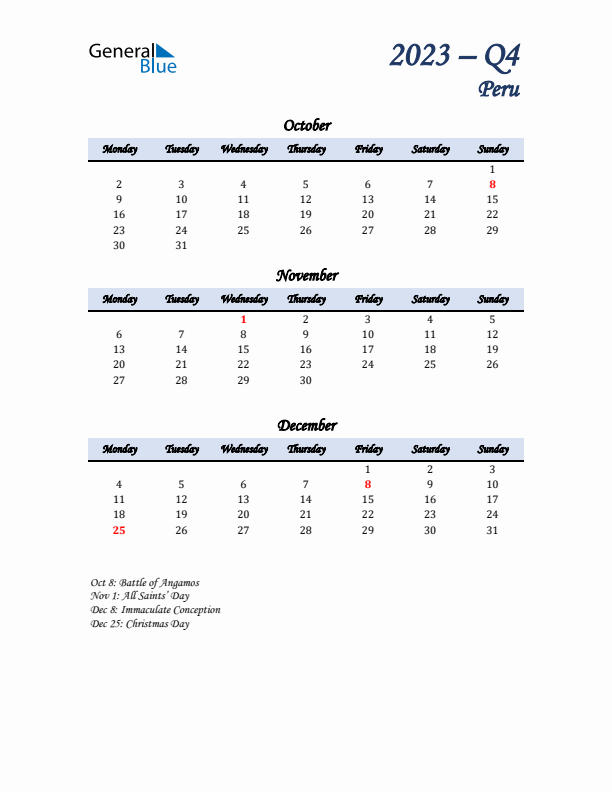 October, November, and December Calendar for Peru with Monday Start