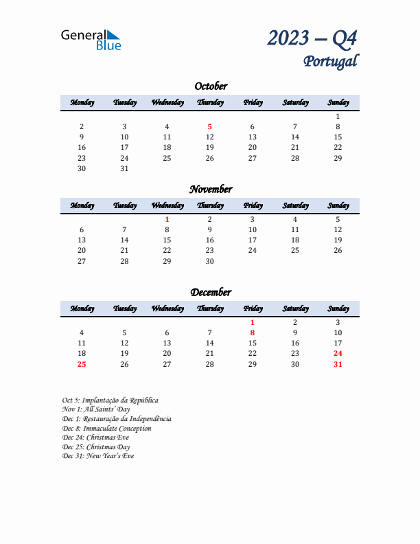 October, November, and December Calendar for Portugal with Monday Start