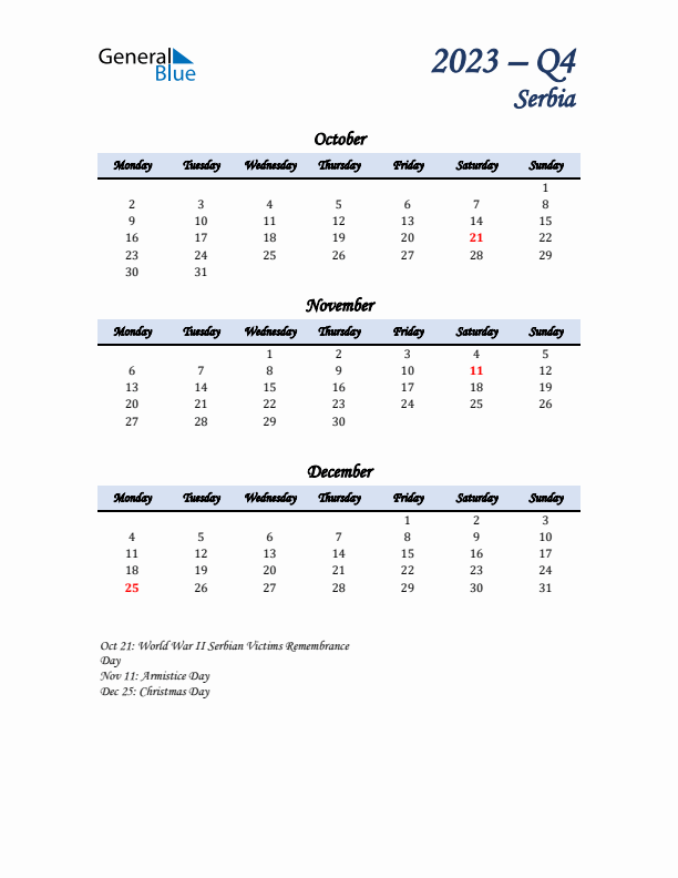 October, November, and December Calendar for Serbia with Monday Start