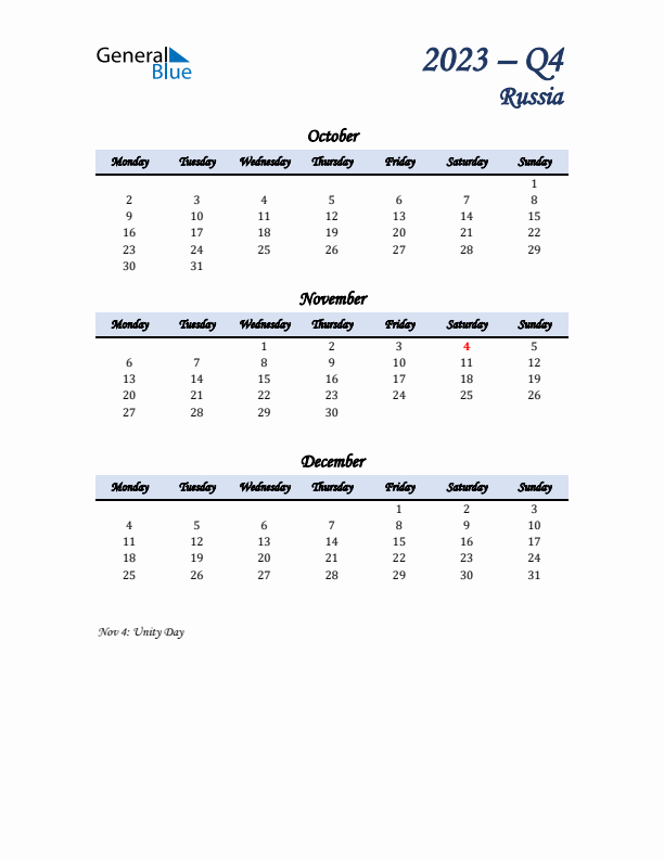 October, November, and December Calendar for Russia with Monday Start