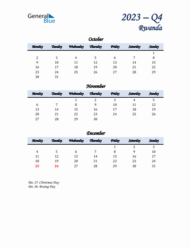 October, November, and December Calendar for Rwanda with Monday Start