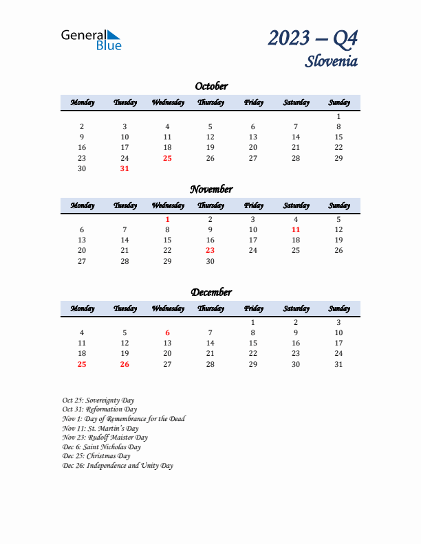 October, November, and December Calendar for Slovenia with Monday Start