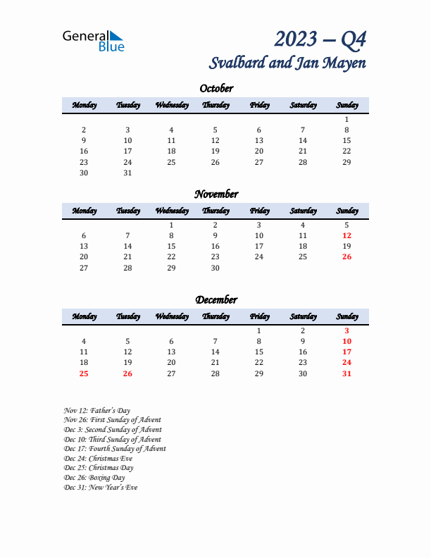 October, November, and December Calendar for Svalbard and Jan Mayen with Monday Start