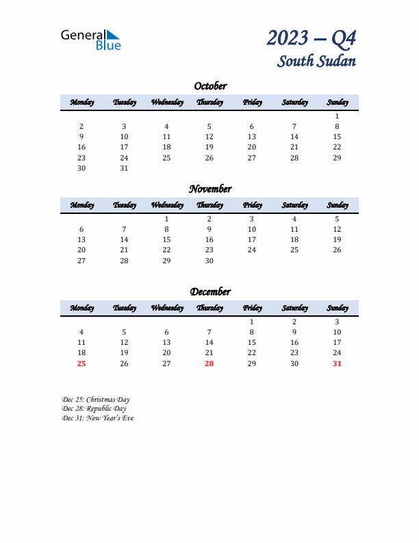 October, November, and December Calendar for South Sudan with Monday Start