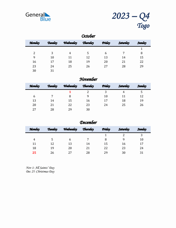 October, November, and December Calendar for Togo with Monday Start