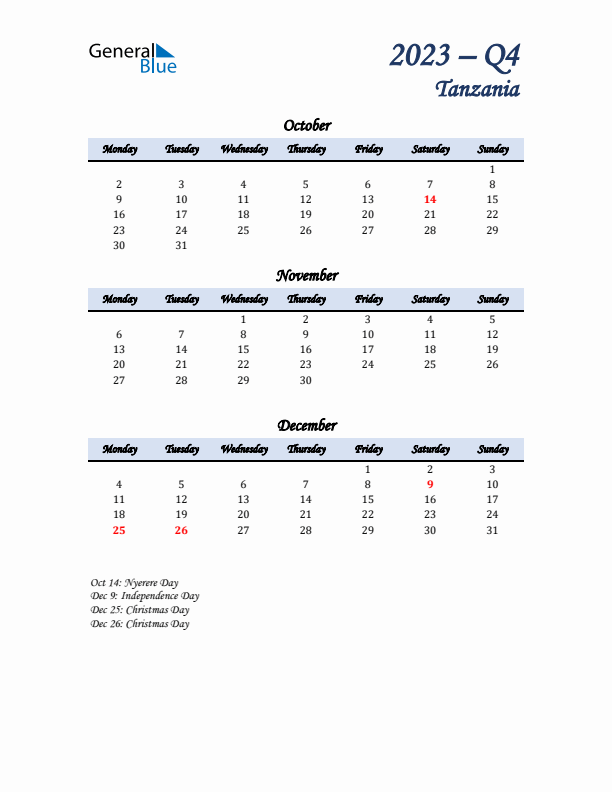 October, November, and December Calendar for Tanzania with Monday Start