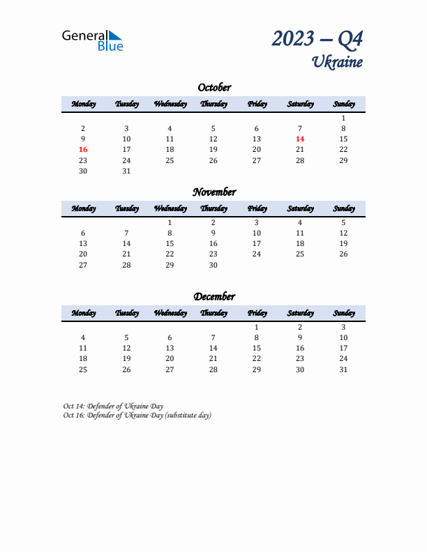 October, November, and December Calendar for Ukraine with Monday Start