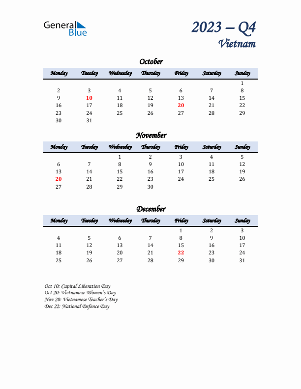 October, November, and December Calendar for Vietnam with Monday Start