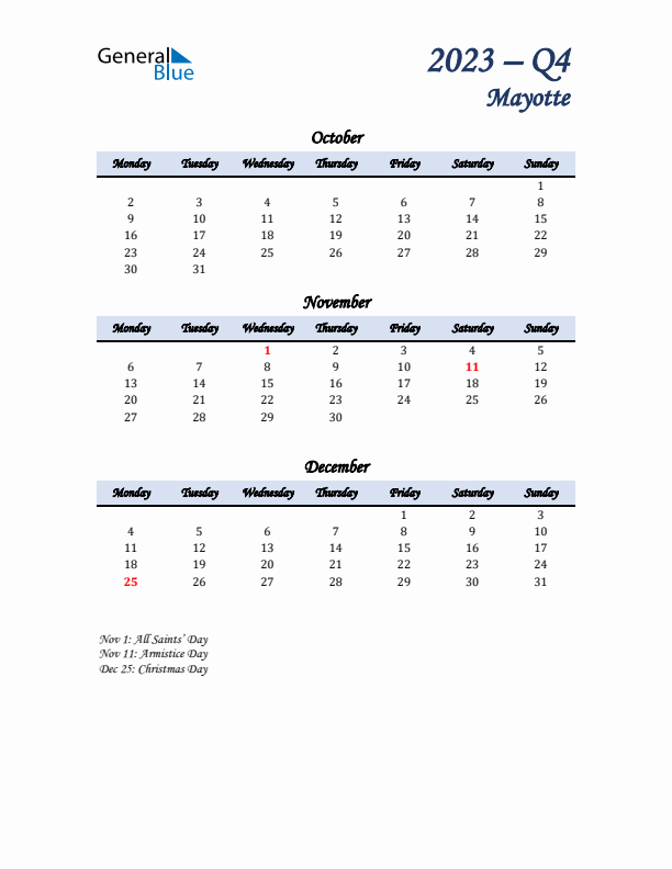 October, November, and December Calendar for Mayotte with Monday Start