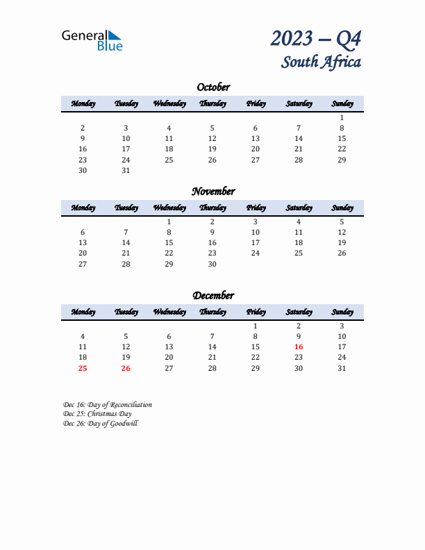 October, November, and December Calendar for South Africa with Monday Start