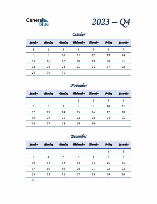 Sunday Start 2023 Quarterly Calendar